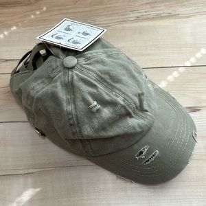 NWT C. C. Pony Caps. Olive Green. distressed. So cute. Velcro back. Side button